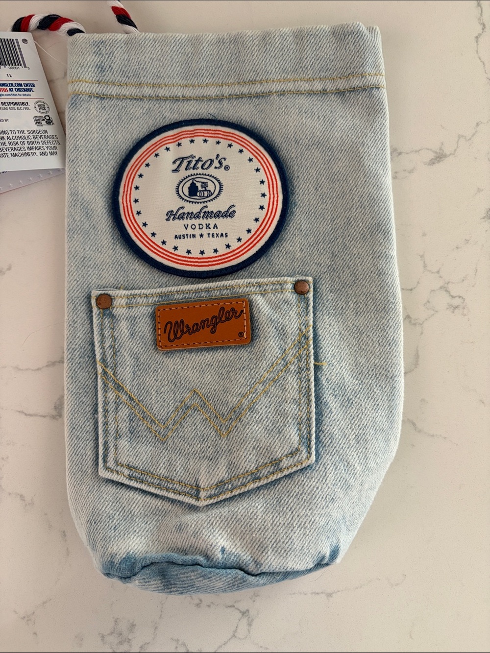 Wrangler Light Denim Bottle Sleeve with Leather Patch and Red-White-Blue Cord - Picture 5 of 6